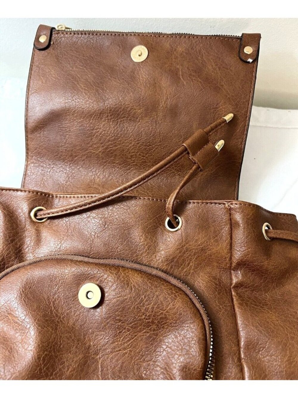 Brown Faux Leather Backpack With Top Handle & Adjustable Straps Multiple Zipper - Picture 2 of 5